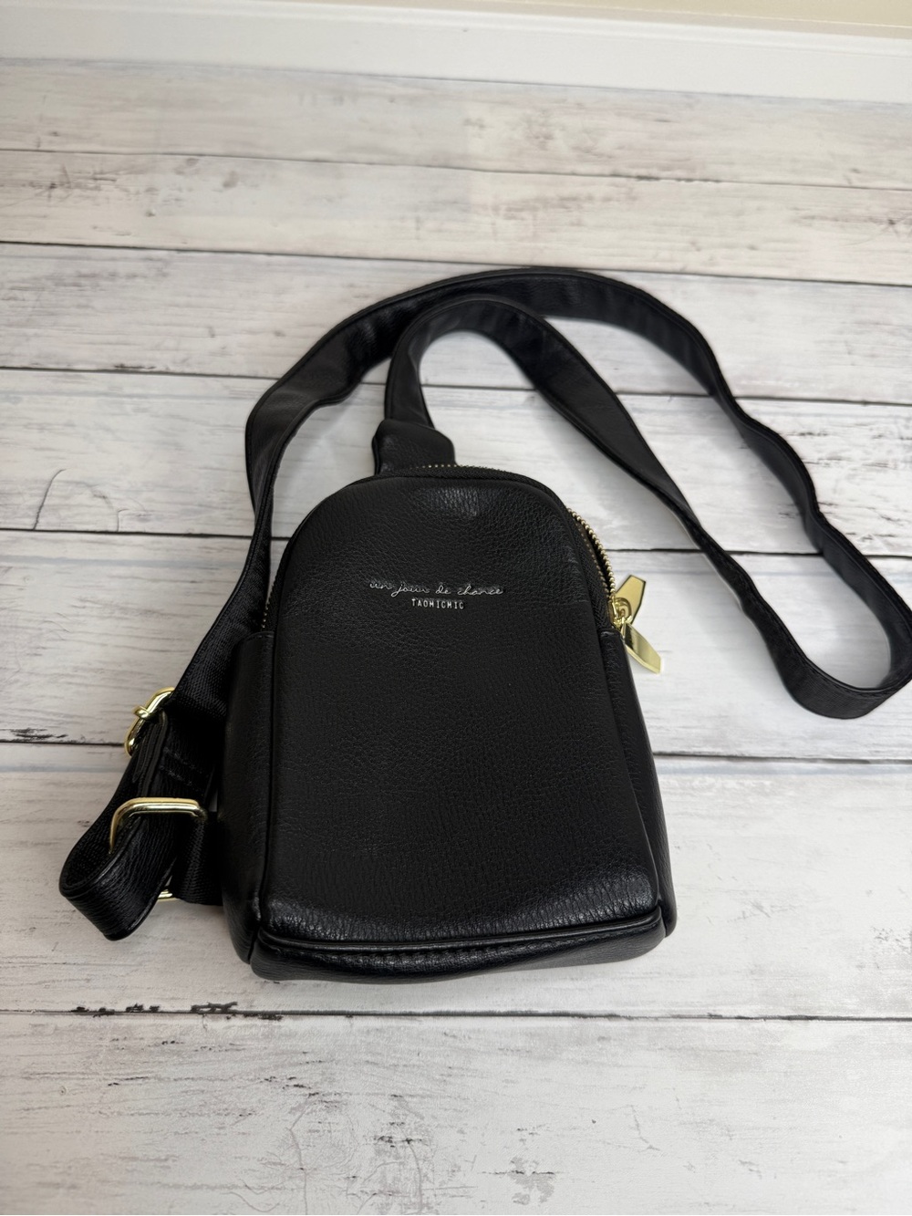 Black Pebbled Crossbody Bag with Gold Hardware